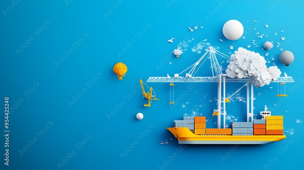 Poster papercraft port with cranes and containers symbolizing import and export logistics