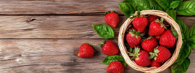  A basket of strawberries sits atop a wooden table, near a lush, green plant with leaves