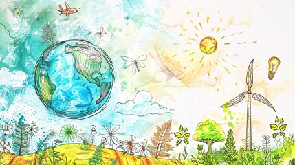 07231249 333. Artistic hand-drawn background banner depicting various aspects of sustainable living, including renewable energy, conservation efforts, and green technology, aimed at saving the Earth