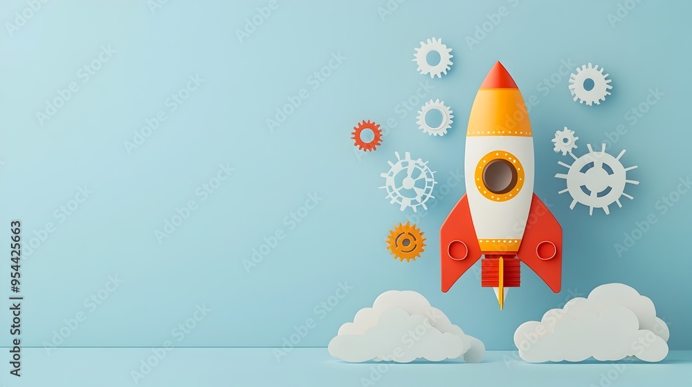 Poster papercut rocket with gears symbolizing aerospace engineering