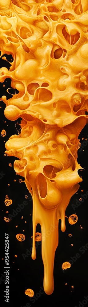 Poster abstract yellow liquid splashes against black background, creating vibrant dynamic patterns and text