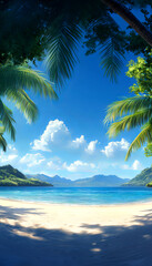 Beautiful tropical beach scene with palm trees, white sand, and a crystal clear blue ocean under a sunny, cloudy sky.