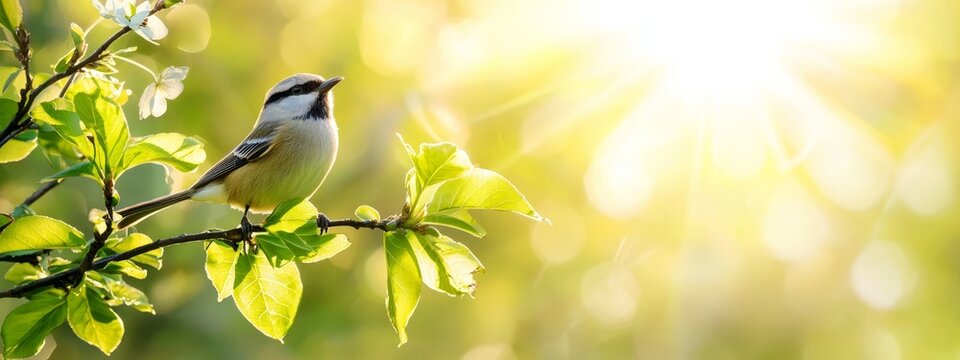  A bird perches on a tree branch, sun illuminating leaves, sunbackground glows