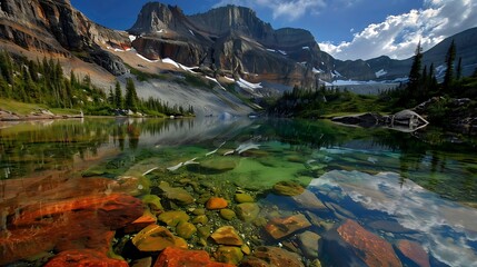 Serene mountain lake with crystal-clear water reflects the surrounding peaks and sky, creating a stunning natural landscape. The vivid green of the trees and the blue sky create a vibrant scene.