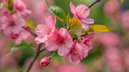 Fototapeta premium Close-up of vibrant pink blossoms, showcasing their delicate petals and intricate details. The soft focus creates a dreamy atmosphere, highlighting the beauty of nature's blossoming wonders.