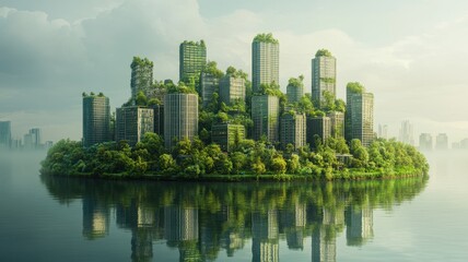 Fototapeta premium A futuristic cityscape surrounded by lush greenery, reflecting beautifully in the calm water, symbolizing harmony between nature and urban life.