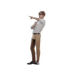 Male Teacher 3D Cartoon. A male teacher stands facing right with a laughing expression while his right hand points forward and his left hand in front of his chest. Professional Educational