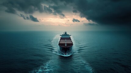 Naklejka premium Dramatic Cargo Ship Sailing Through Stormy Ocean Horizon