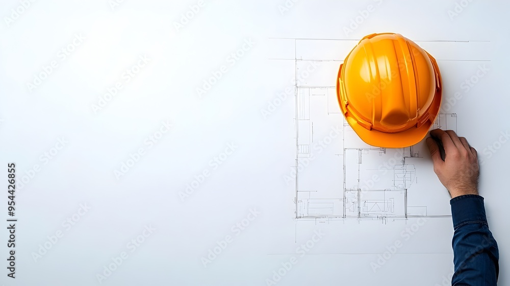 Poster professional engineer with blueprint in paper cut style symbolizing construction planning