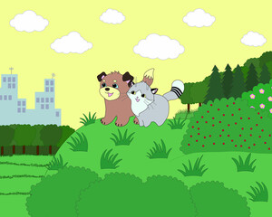 kitten and puppy walking and playing in the forest in nature