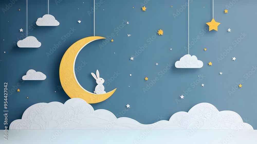 Poster rabbit silhouette on celestial moon with mythical paper cut clouds