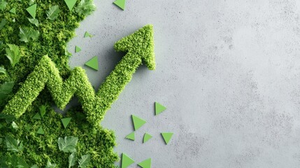 Green upward arrow made of grass, symbolizing growth and environmental sustainability on a concrete background.