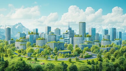 Obraz premium A vibrant, modern cityscape featuring sustainable architecture and lush greenery under a bright blue sky.