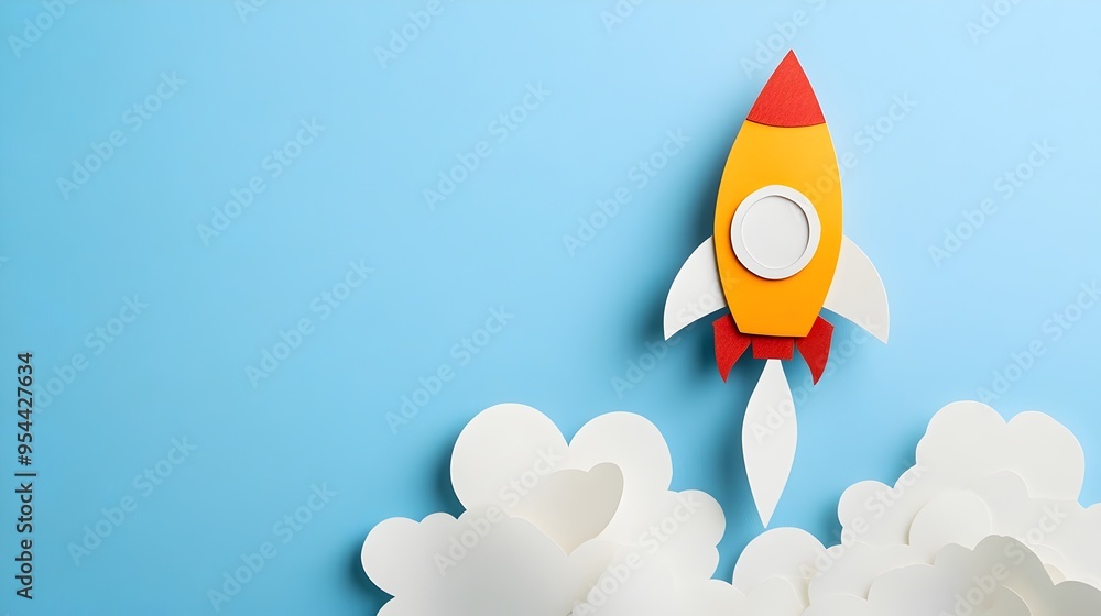 Poster rocket launch symbolizing startup growth in paper cut style