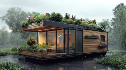 Hyper-realistic view of a tiny home with a rooftop garden, rainwater harvesting, and a