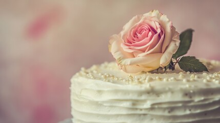 Elegant Cream Frosted Birthday Cake with Pink Rose Topping