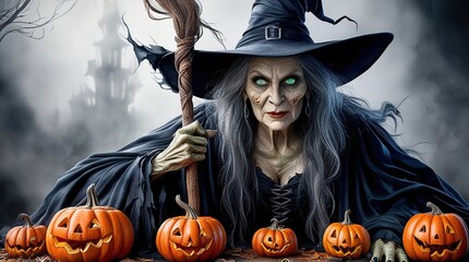Halloween themed watercolor background featuring pumpkins and a witch
