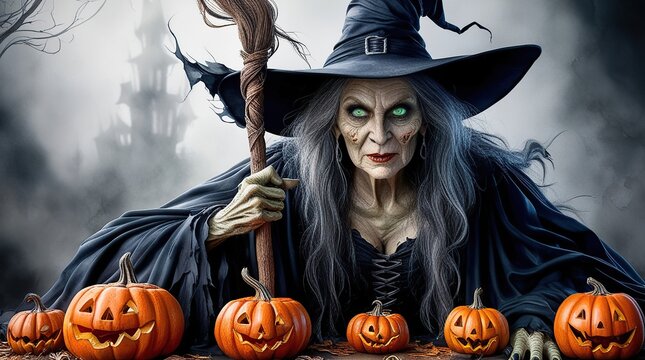 Halloween themed watercolor background featuring pumpkins and a witch