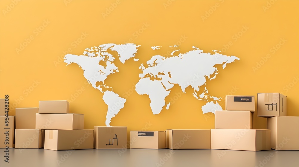 Aufkleber shipping boxes with world map representing global supply chain in paper cut style