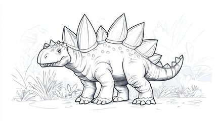 Line art illustration of a Stegosaurus dinosaur for kids to connect the dots and color