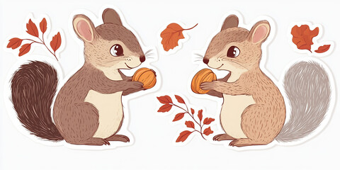 Naklejka premium Baby squirrels eating nuts sticker on white background cute kawaii colorful vibrant 8k quality detailed --ar 2:1 --v 6.1 Job ID: 6710f167-9080-4ea2-ad02-9b98d0c0046e