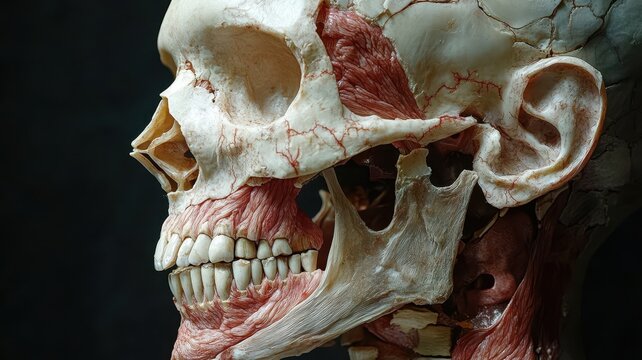 Detailed anatomical model of a human skull showcasing muscle structure and skeletal features in natural light.