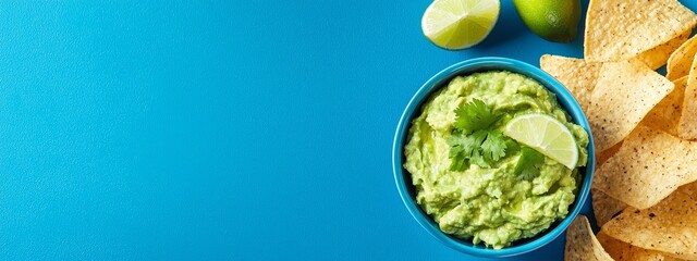 A bowled guacamole in hue, encircled by tortilla chips, limes nestled nearby