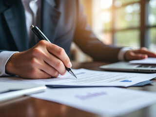 Naklejka premium Businessman signing important legal or financial documents at his desk, professional office setting, focus on hand holding a pen, laptop in the background, corporate agreement or contract approval