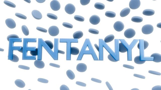 3d animation of the word 'FENTANYL' with scattered drugs and paraphernalia in the background, highlighting the impact of opioid addiction.