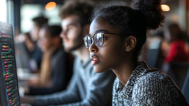 A diverse group of students participating in a coding competition