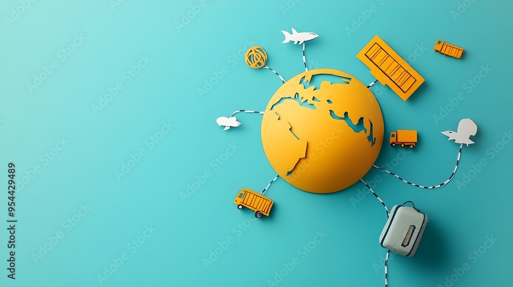 Poster stylized globe with connected routes symbolizing global logistics in paper cut art design