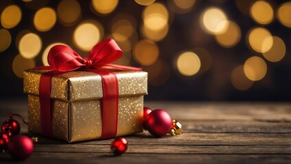 Abstract Christmas Banner - Gift box with red bow and baubles on wood - Magic dark golden bokeh lights background