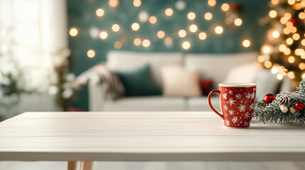 white wooden  table adorned with festive christmas decorations and a blurred cozy living room backdrop