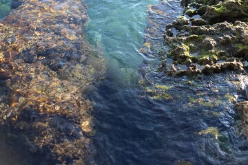 Mediterranean coastal landscape with clear blue water 