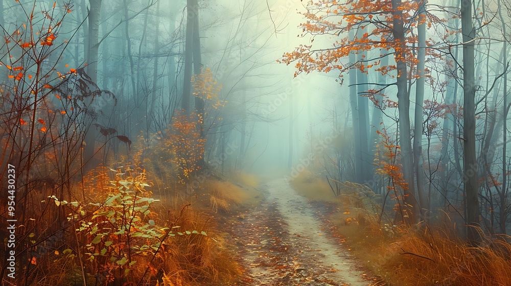 Poster misty path winds through a forest in autumn, leaves fall to the ground, soft light filtering through