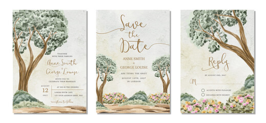 wedding invitation set with tree and floral garden landscape