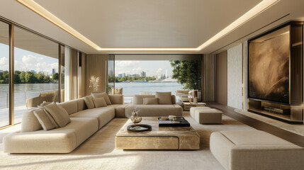 Fototapeta premium Luxurious modern living room design with river views, soft beige tones, and a large coffee