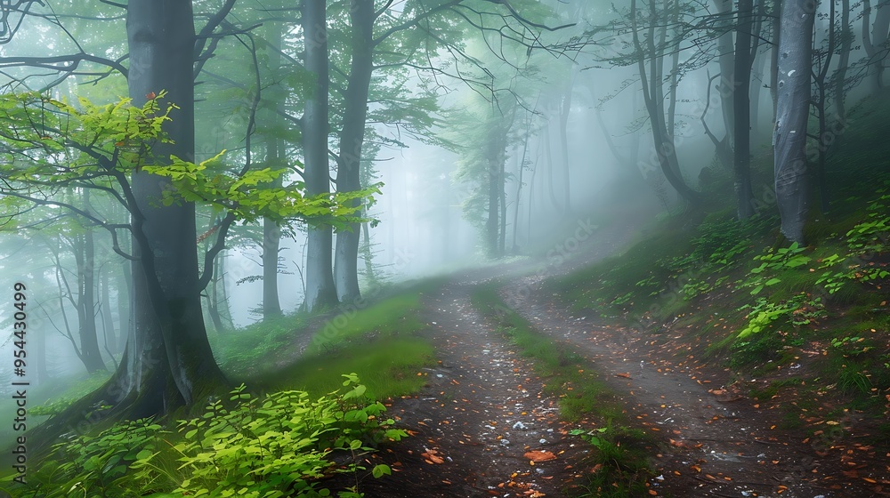 Poster dirt path winds its way through a dense, misty forest. the trees are shrouded in fog, creating an et
