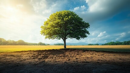 Fototapeta premium A Single Tree Standing Tall Amidst a Field and Soil Layers