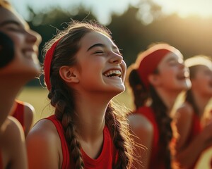 Girls  baseball team warming up together, stretching and laughing, unity and positive team atmosphere