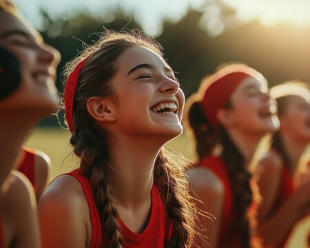 Girls  baseball team warming up together, stretching and laughing, unity and positive team atmosphere