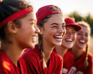 Girls  baseball team warming up together, stretching and laughing, unity and positive team atmosphere