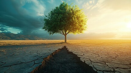 A Lone Tree Stands Amidst a Cracked Earth Landscape