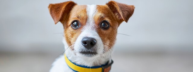  A small, brown-and-white dog wearing a yellow collar gazes at the camera with a serious expression