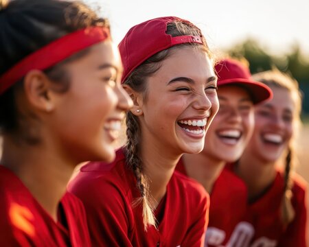 Girls  baseball team warming up together, stretching and laughing, unity and positive team atmosphere