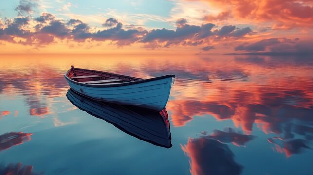A Small Boat Anchored in a Calm Sea at Sunset