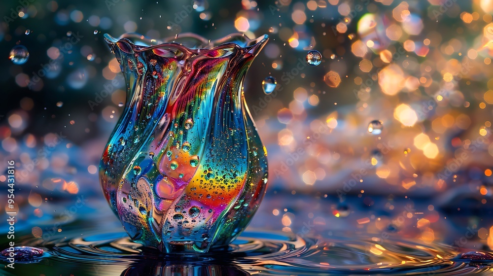 Poster close-up shot of a colorful glass vase with water drops on it. the vase is iridescent and has a uniq