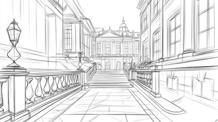 Line art illustration of historic architecture pencil sketch style