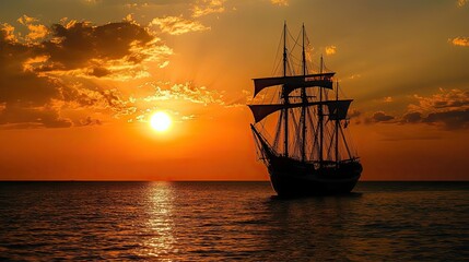 Obraz premium Silhouette of a Sailboat at Sunset Over the Ocean