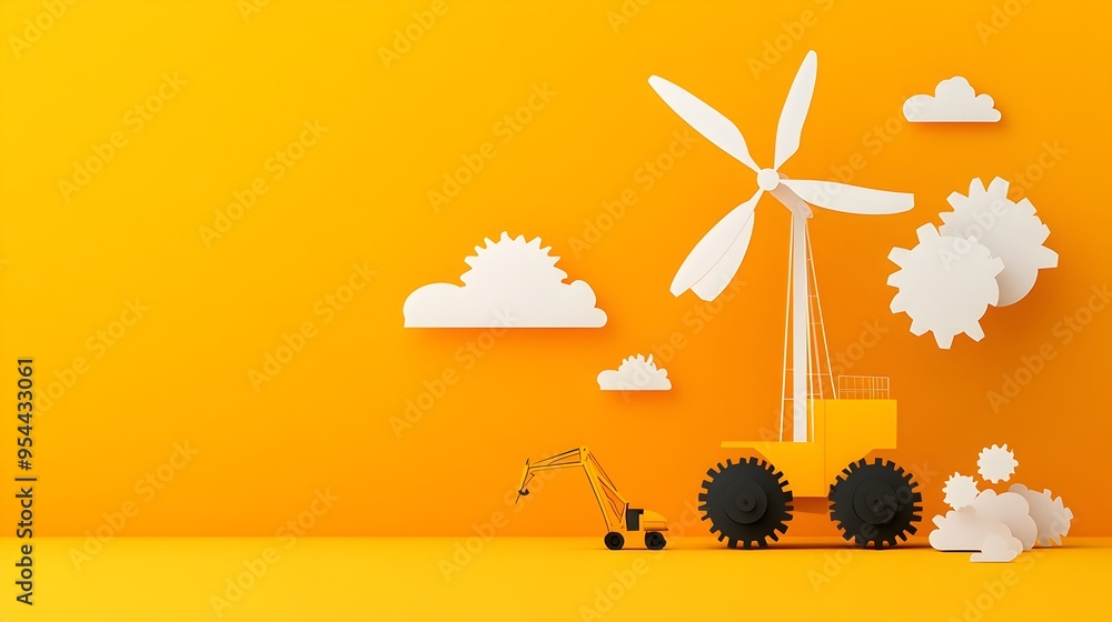 Aufkleber windmill gears representing energy conversion engineering in paper cut style
